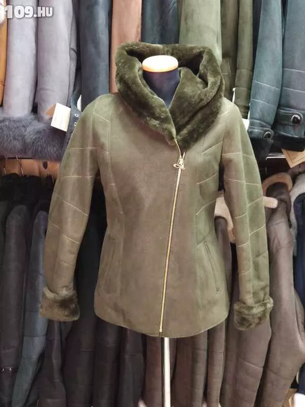 Női irha kabát grafit, kapucnis, svéd cipzáras zöld